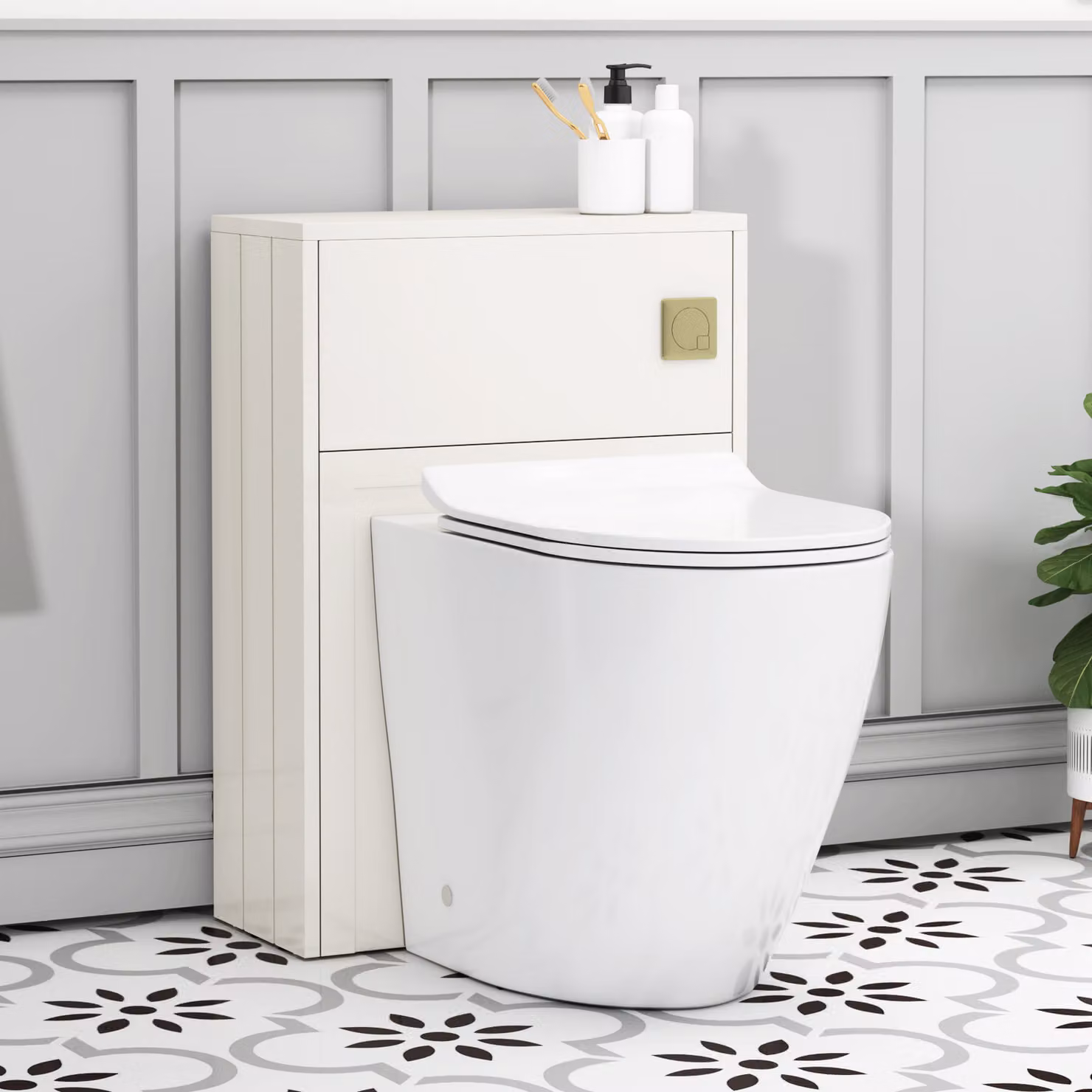Royal Bathrooms Elmore Classic White Wall Mounted BTW WC Unit with Elva Rimless Short Projection Ceramic Toilet Pan, Slim Soft Close Seat and Cistern, Width: 55 cm