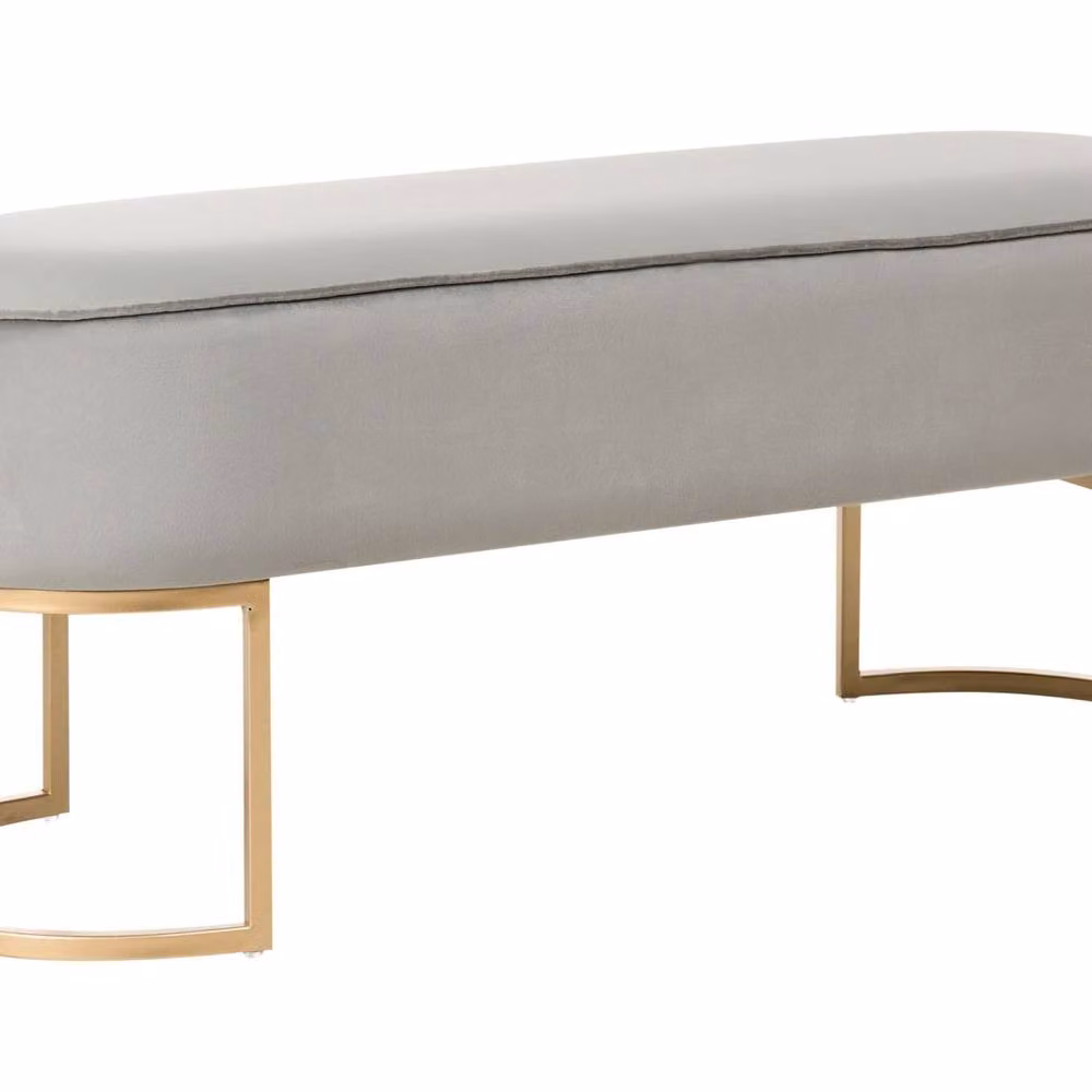 Wyld and Coco Light Grey Velvet Bed Bench with Gold Metal Legs and Oval Seat – 2