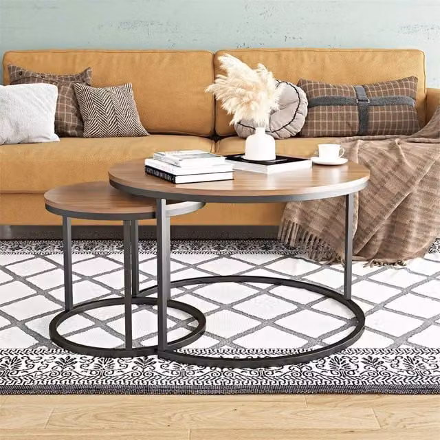 Nordara Set of 2 Round Nesting Coffee Tables in Brown Wood