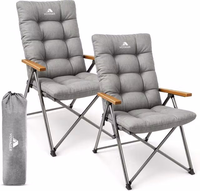 Voyager 2 Pack Luxury Grey Camping Folding Recliner Chairs with Armrests and Cushions, 150kg Load Capacity – 1