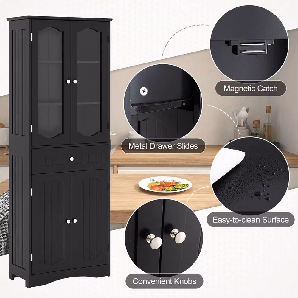 EONLION Modern Black Matt Freestanding Bathroom Storage Cabinet with Glass Doors, Height: 160 cm, Width: 60 cm – 4