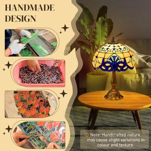 HOMCOM Tiffany Stained Glass Table Lamp in Blue with Antique Copper and Gold/Brass Finish – 3