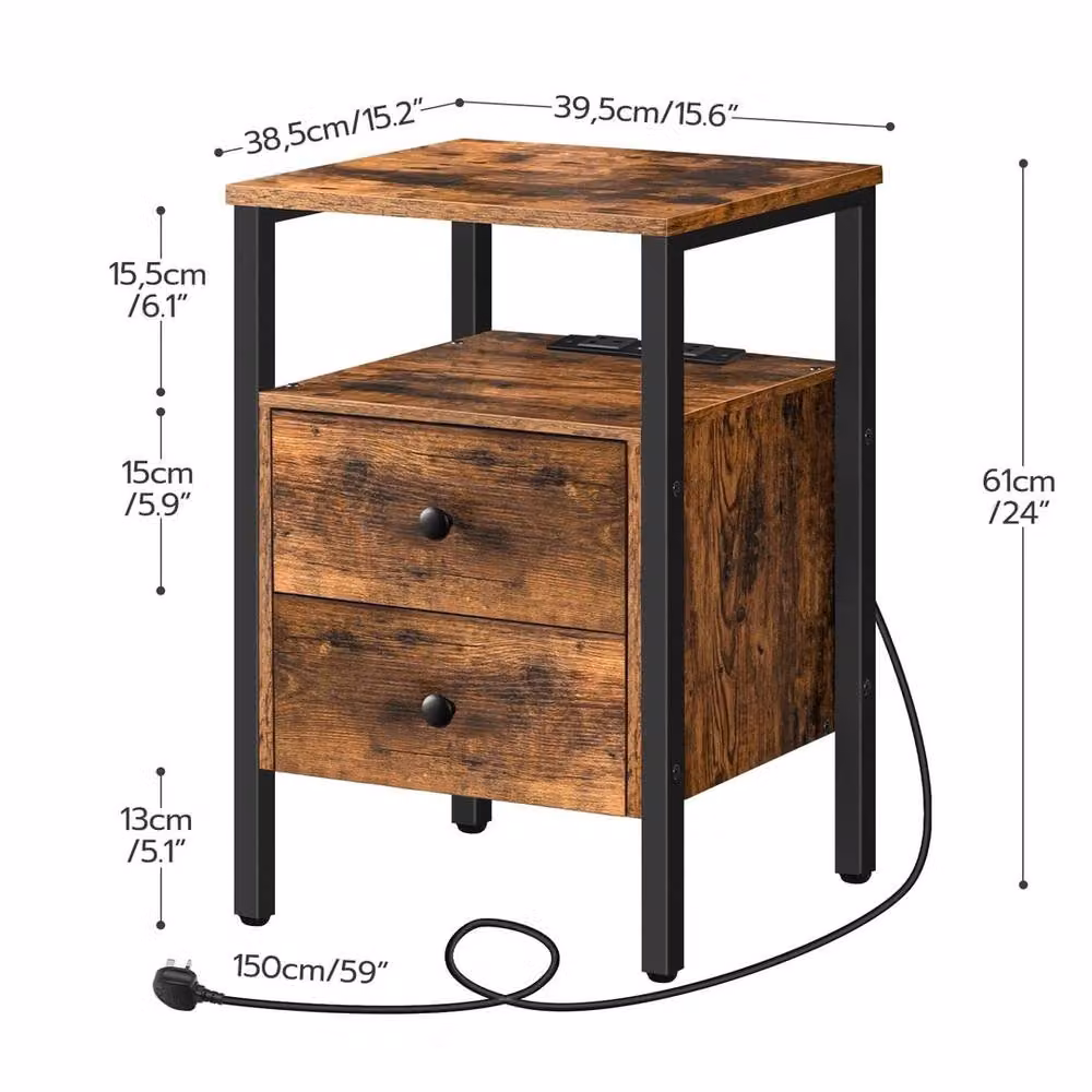FORGEVIO Rustic Brown and Black Bedside Table, W/D/H: 39.5 x 38.5 x 61 cm – 2