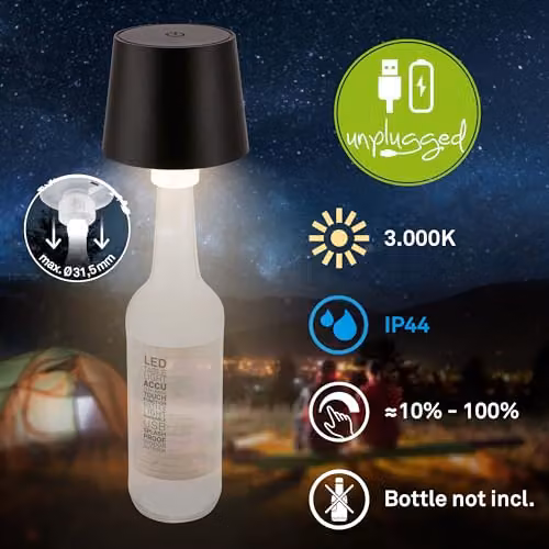 Briloner Black Rechargeable LED Bottle Lamp with Touch Dimming, Warm White Light, W/D/H: 10.5 x 10.5 x 11.5 cm – 2