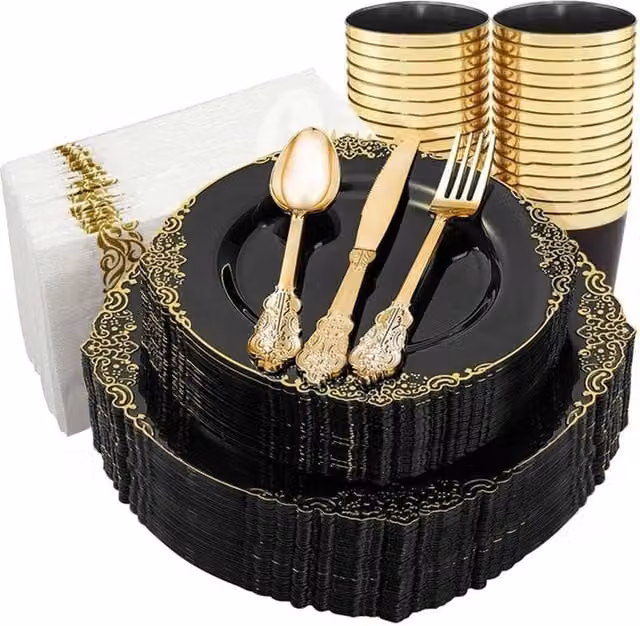 VOGREX 175-Piece Disposable Plastic Dinnerware Set for 25 People in Black and Gold Multicolour