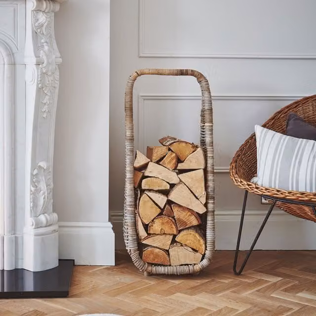 Ivyline Natural Rattan Tall Log Storage with Handles and Wheels, Brown/Beige, H: 90 cm, W: 35 cm