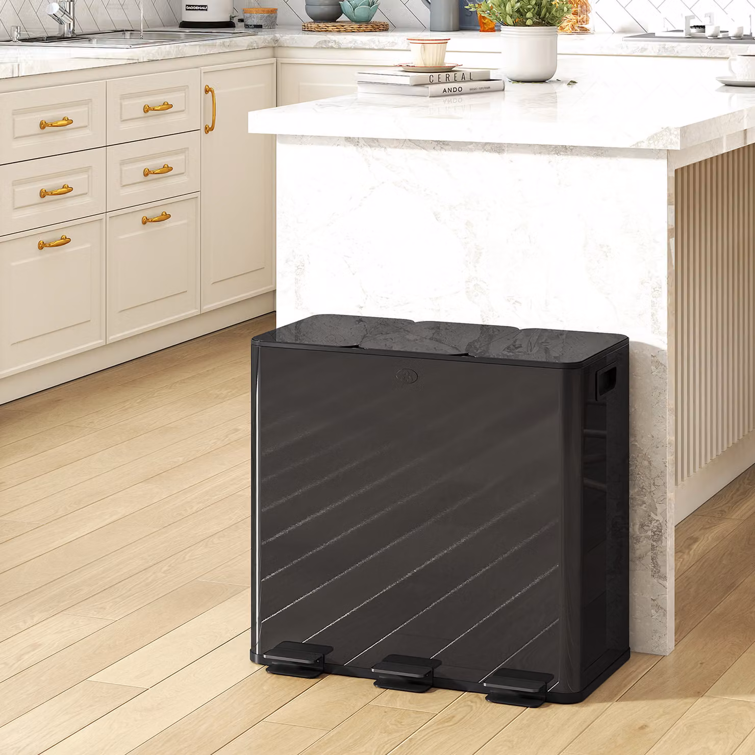 HOMCOM Triple Kitchen Pedal Bin, 3 x 20L Stainless Steel Bins with Soft Close Lids and Removable Inner Buckets, Black – 2