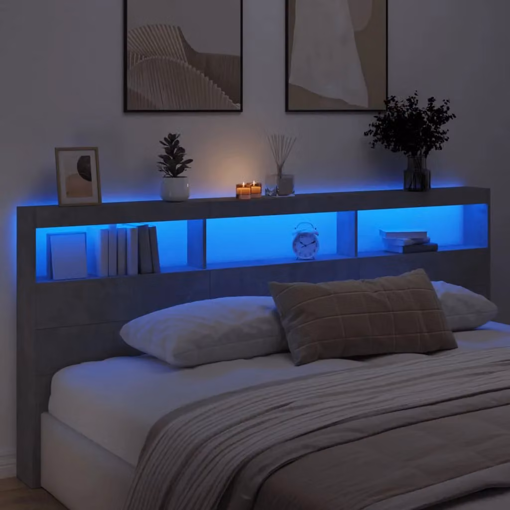 Berkfield Home Modern Wall Mount Headboard Cabinet with LED Lighting and USB Charging Port in Concrete Grey, W: 220 cm, D: 17 cm, H: 102 cm – 2