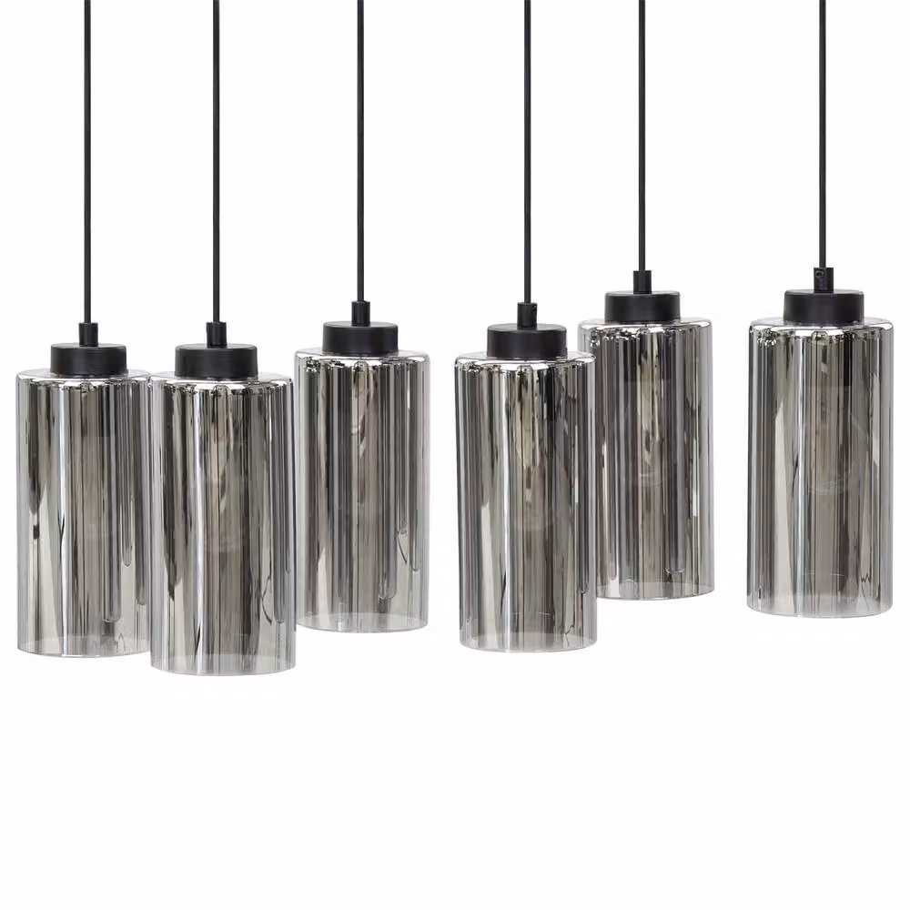 Wyld and Coco 6-Light Industrial Suspended Pendant Lamp with Grey Smoked Glass Shades and Black Metal Base – 3