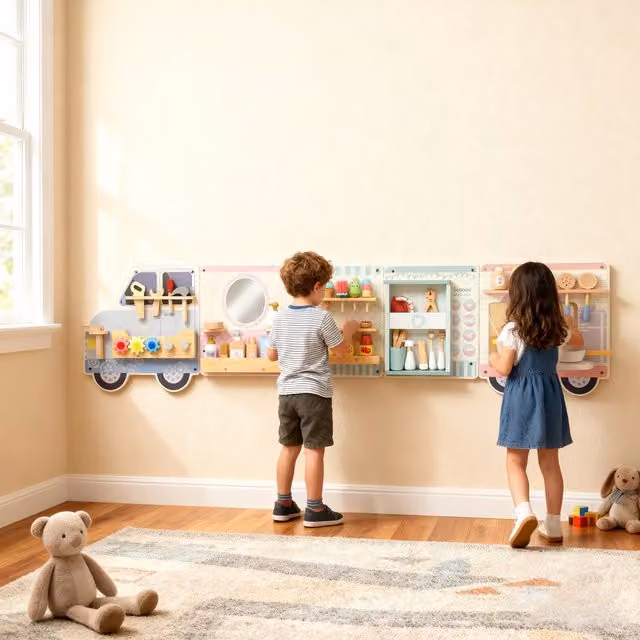 AIYAPLAY 5 in 1 Multicoloured Wooden Busy Board Wall Panels for Sensory and Motor Skill Development