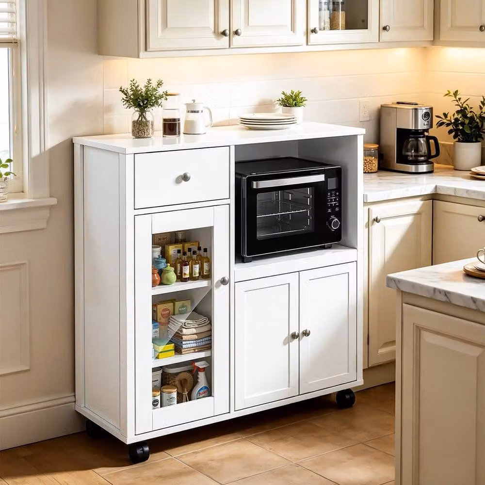 EONLION White Kitchen Island Sideboard with Microwave Shelf and Castors – 3