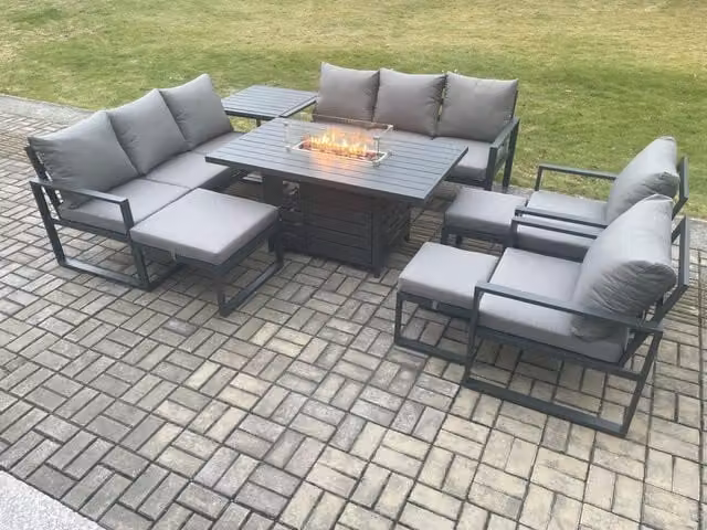 Fimous Aluminium Outdoor Garden Furniture Set in Dark Grey with Gas Fire Pit, Dining Table, 3 Footstools and Side Table