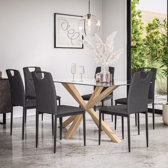 More4Homes Etta Glass Dining Table Set with Solid Oak Legs, Charcoal, 6 Seater, W/D/H: 160 x 90 x 75 cm