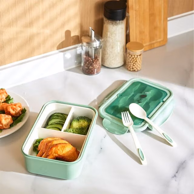 Lifeideas Insulated Rectangular Lunch Box with Dividers and Cutlery in Green