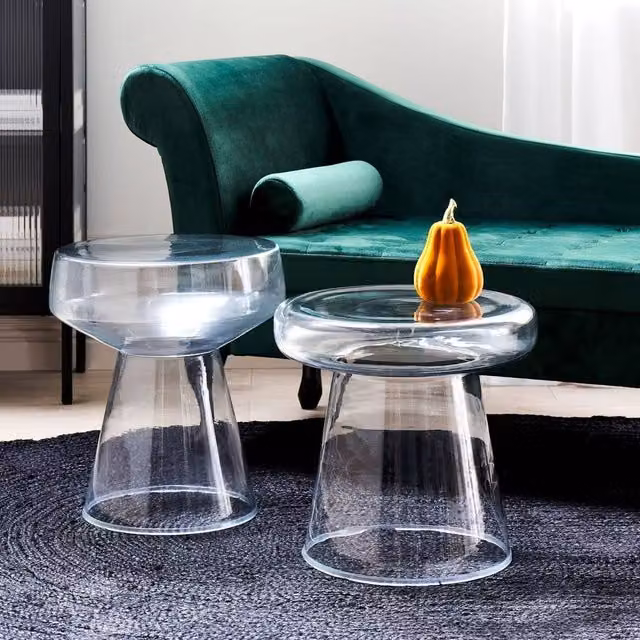 Wyld and Coco Set of 2 Transparent Round Glass Side Tables, Clear, Diameter: 37 cm