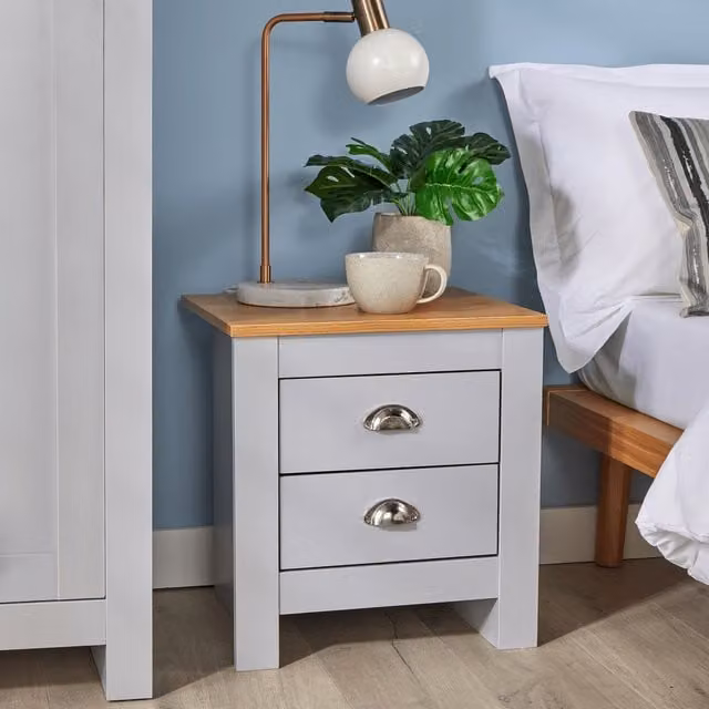 Home Source Grey and Oak 2 Drawer Bedside Nightstand with Metal Handles – 1