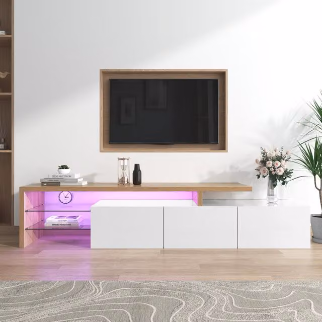 Aosom.UK White High-Gloss TV Cabinet with Adjustable LED Light and Storage Shelves, W: 192.5 cm, D: 39 cm, H: 42 cm
