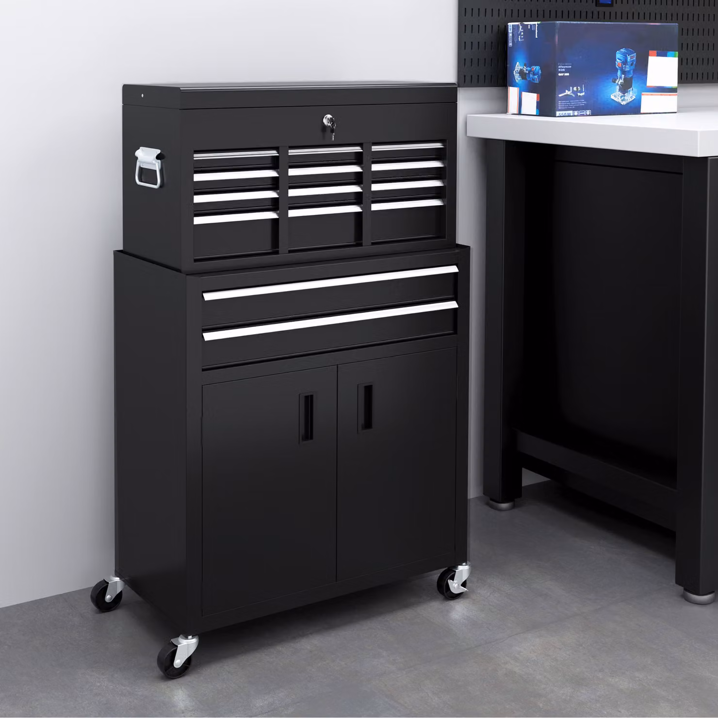 HOMCOM Portable Metal Tool Storage Box with 6 Drawers and 1 Bottom Cabinet, Lockable Rolling Tool Chest, Black – 2