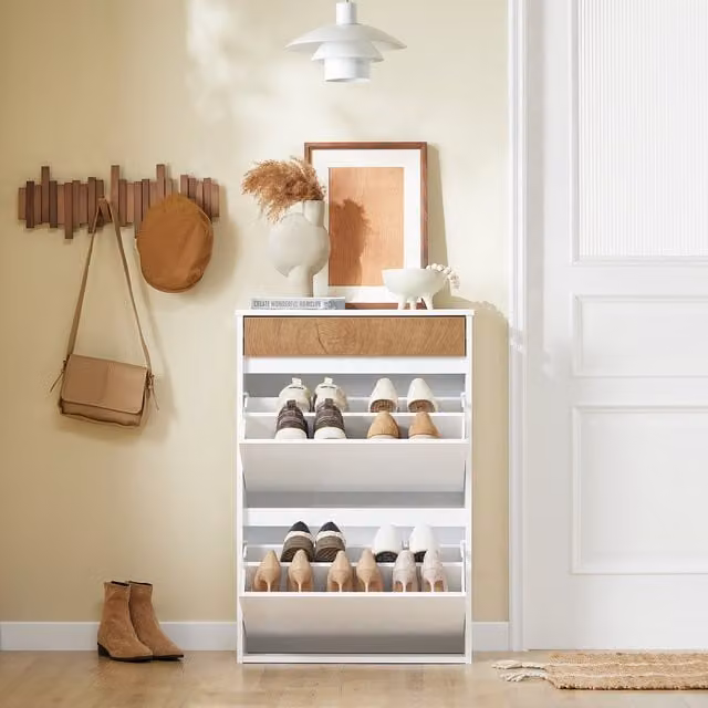 SoBuy Slim White Shoe Cabinet with 2 Tilting Compartments and Drawer, W/D/H: 60.96 x 25.9 x 90.932 cm