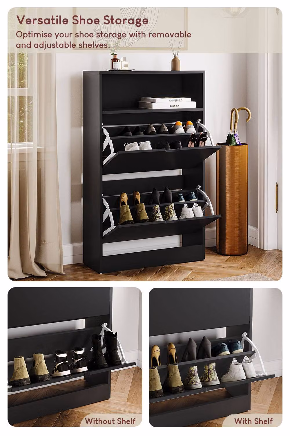 HD Designs Modern Black 2 Drawer Shoe Cabinet with Tilting Compartments and Internal Shelves – 3