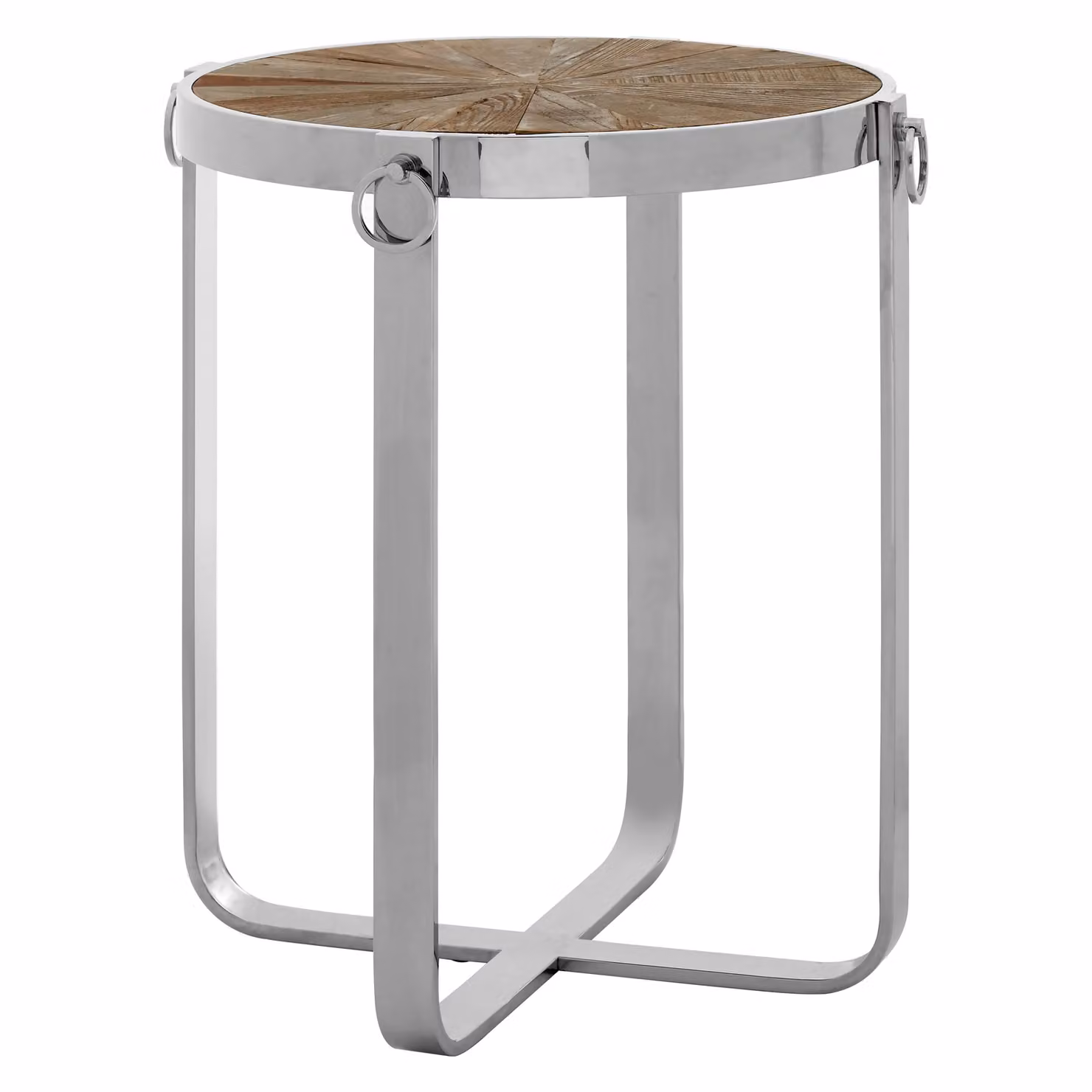 Orsina Boho Round Side Table with Elm Wood Top and Silver Stainless Steel Cross Base – 2