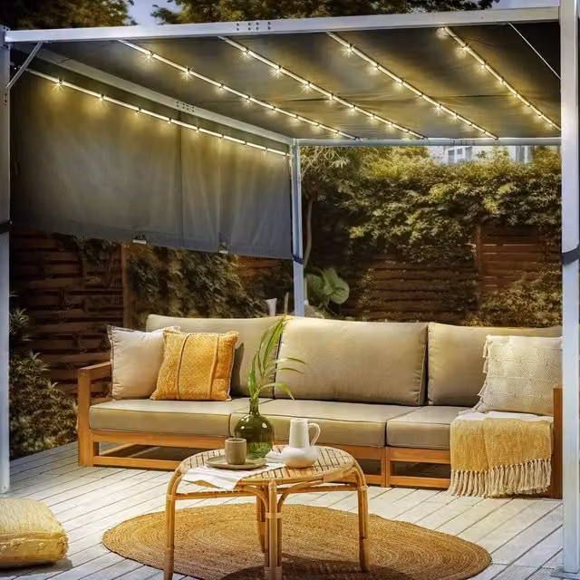 Wyld and Coco Grey Steel Frame Pergola with Fabric Canopy and Solar LED, W/D/H: 310 x 310 x 215 cm