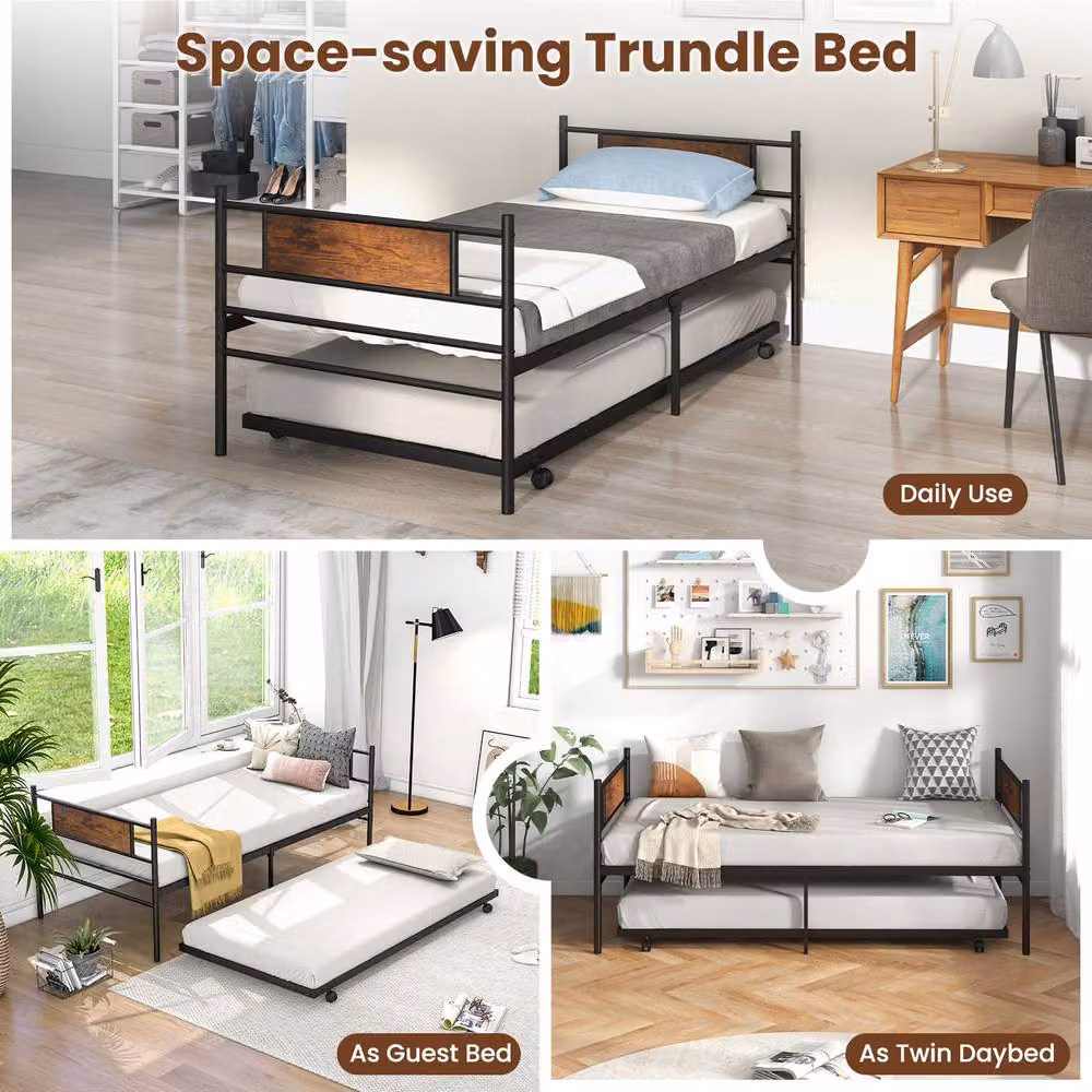 Gymax Metal Daybed with Pull-out Trundle and Headboard in Black, W/D/H: 90 x 200 cm – 3