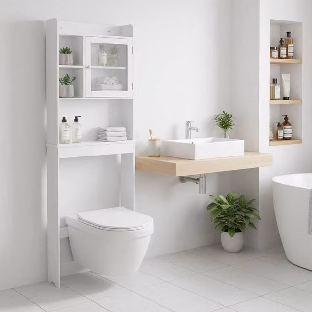 EONLION White Over the Toilet Storage Cabinet with Glass Doors and Internal Shelves – 1