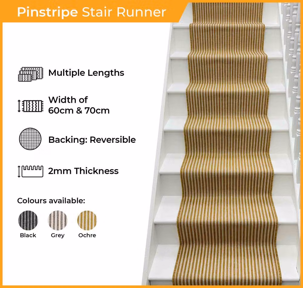 runrug Pinstripe Stair Runner Carpet, Black, W: 70 cm, L: 450 cm – 2