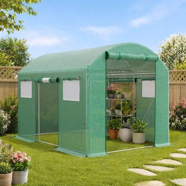 STILVORA Green Walk-In Polytunnel Greenhouse with 3 Doors and Roller Windows – 1