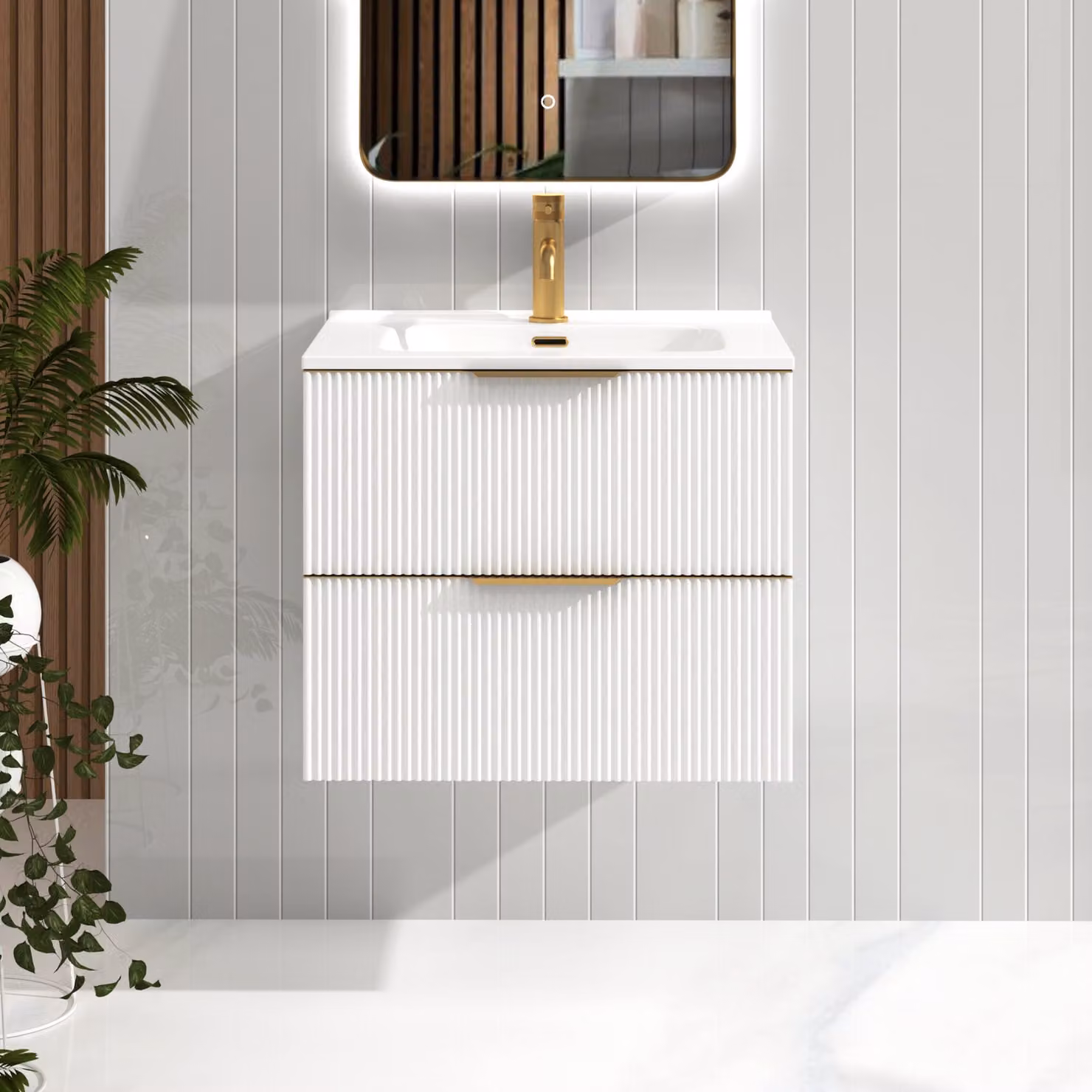 Royal Bathrooms Evora 600mm Matt White Fluted Wall Hung Vanity Unit with 2 Drawers, Ceramic Basin and Brushed Brass Handles
