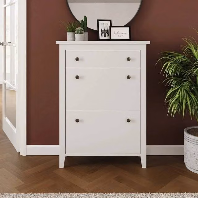 FORGEVIO Modern Two Tier White Shoe Cabinet with Drawer and Tilting Compartments for Hallway Storage