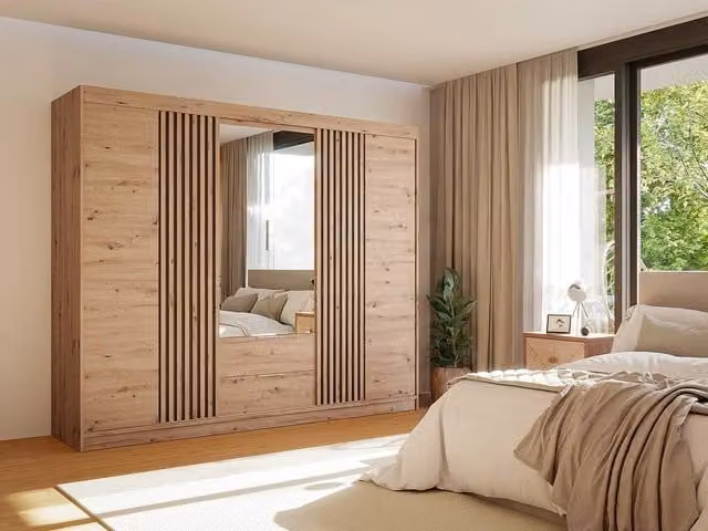 Vente-unique Modern Sliding Door Wardrobe with Mirror and Soft Close Doors, Width: 250 cm, Colour: Beige and Brown – 1