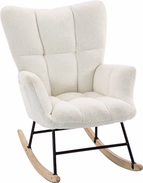 HOMCOM Cream White Teddy Fleece Rocking Chair with Tufted Wingback and Side Pockets – 1
