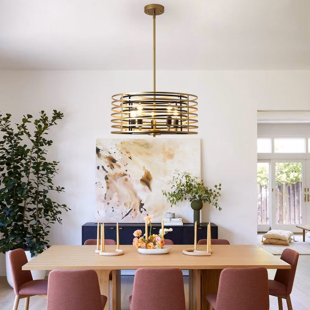 NIVOR 4 Light Adjustable Farmhouse Pendant Chandelier in Gold with Transparent Glass, E14 – 5