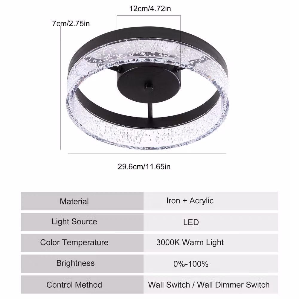 NIVOR 20W LED Round Ceiling Light with Transparent Seeded Acrylic Lampshade in Black – 2