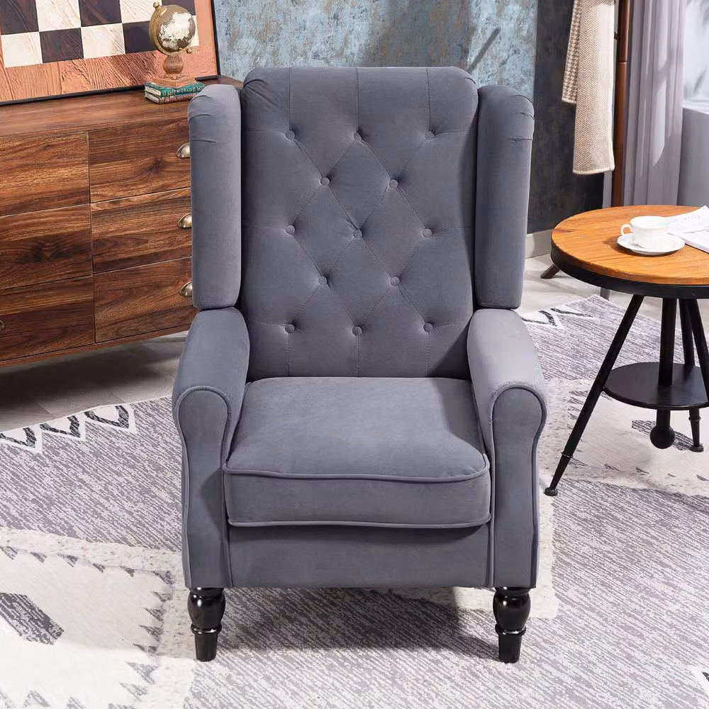 STILVORA Grey Velvet Wingback Chair with Solid Wood Frame – 3