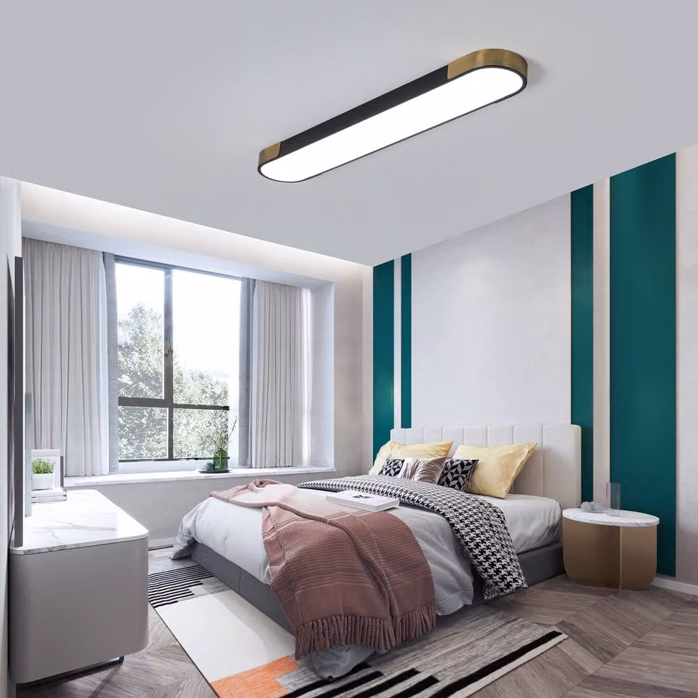 NIVOR Dimmable LED Linear Flush Mount Ceiling Lamp with Remote Control, Black and Gold/Brass, 70 cm – 5
