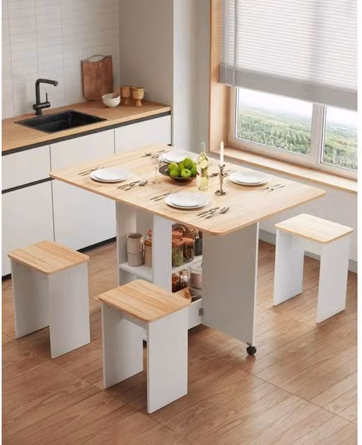 EONLION Light Oak and White Red Oak Dining Table and 4 Chairs Set, W: 100 cm