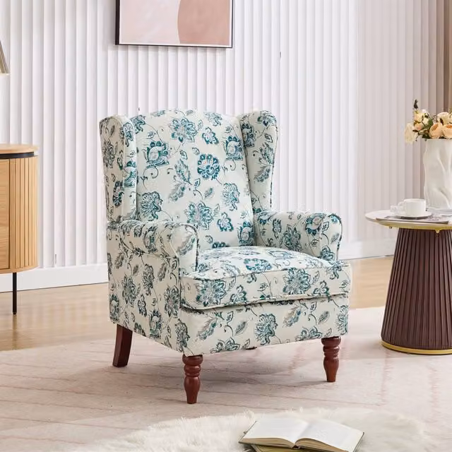 FURNITURE ONE Retro Green Fabric Wingback Armchair with Solid Wood Legs, H 96.0 x W 71.0 x D 75.0 cm – 1