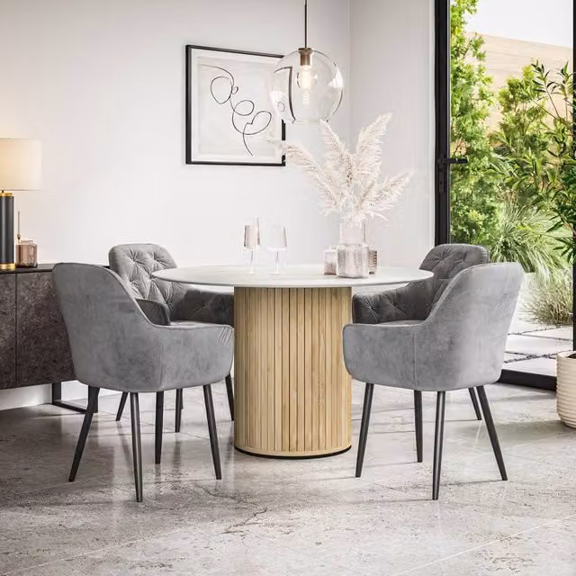 More4Homes Arlo White Marble Top Round Dining Table with Oak Legs and 4 Anika Grey Velvet Dining Chairs, W/D/H: 120 x 120 x 75 cm – 1