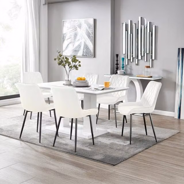 FurnitureboxUK Imperia 6 White Rectangular Dining Table and 6 Pesaro Black Leg Chairs in Cream