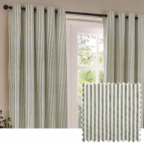 Riva Home Green Striped Semi-Transparent Cotton Eyelet Curtain Pair, H 229 cm x W 183 cm