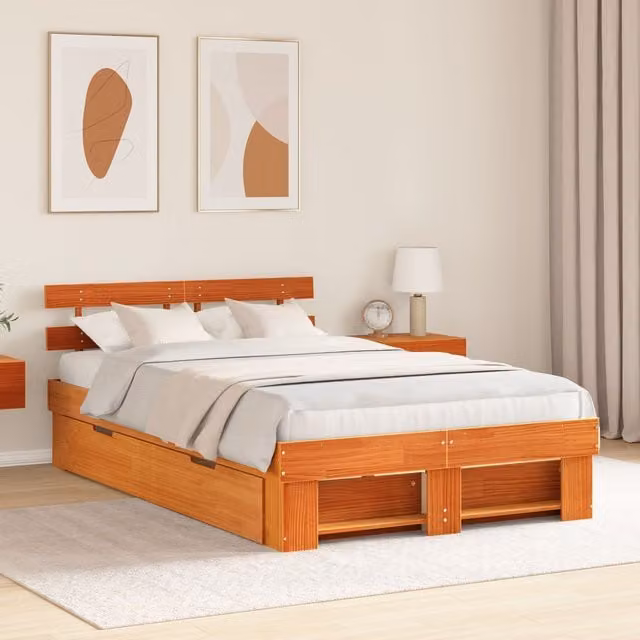 Berkfield Home Modern Solid Pine Wood Bed Frame with Drawers, Waxed Brown, W: 135 cm, L: 190 cm – 1