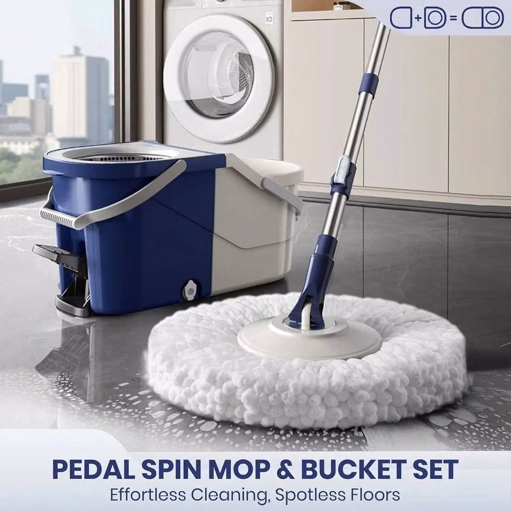 FLAVORA Blue Spin Mop and Bucket Set with Wringer and Microfibre Floor Mop – 4