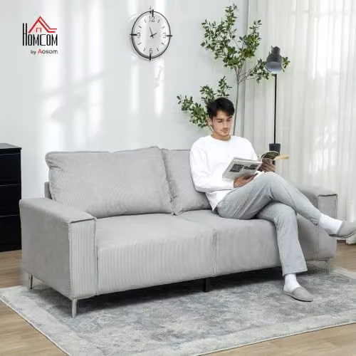 HOMCOM Modern 3 Seater Corduroy Fabric Sofa in Light Grey with Spring Cushions and Back Pillows – 2