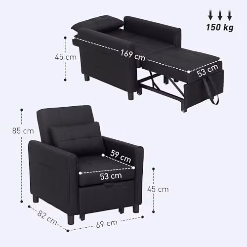 HOMCOM Compact Single Convertible Sleeper Chair Bed in Black with Adjustable Backrest and Side Pockets – 3