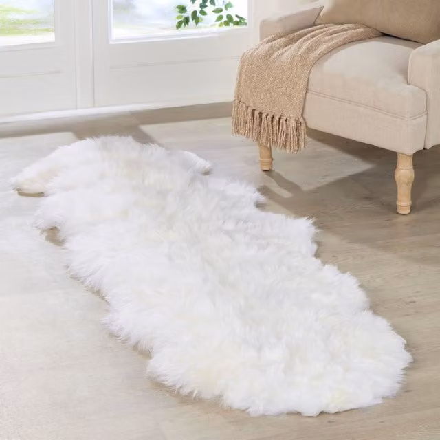 Native Natural Double Sheepskin Rug in Beige and White, W/D/H: 60 x 240 cm