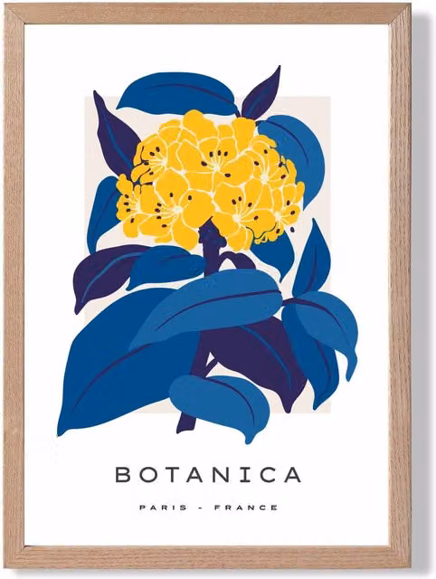 ARTZE Abstract Yellow and Blue Hydrangea Flower Market Gallery Framed Print with Oak Frame, A3 – 1