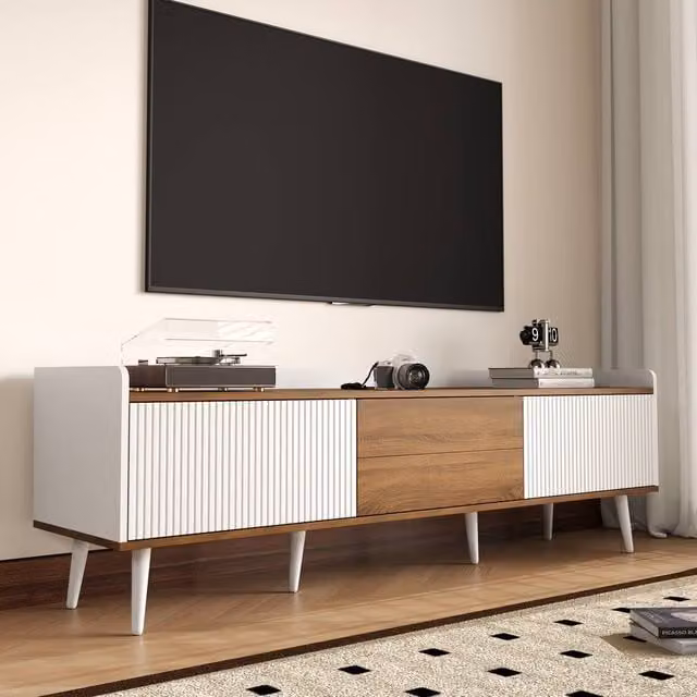 BTM 3-Door TV Stand in White and Wood, W: 160 cm, H: 49.5 cm, D: 39 cm – 1